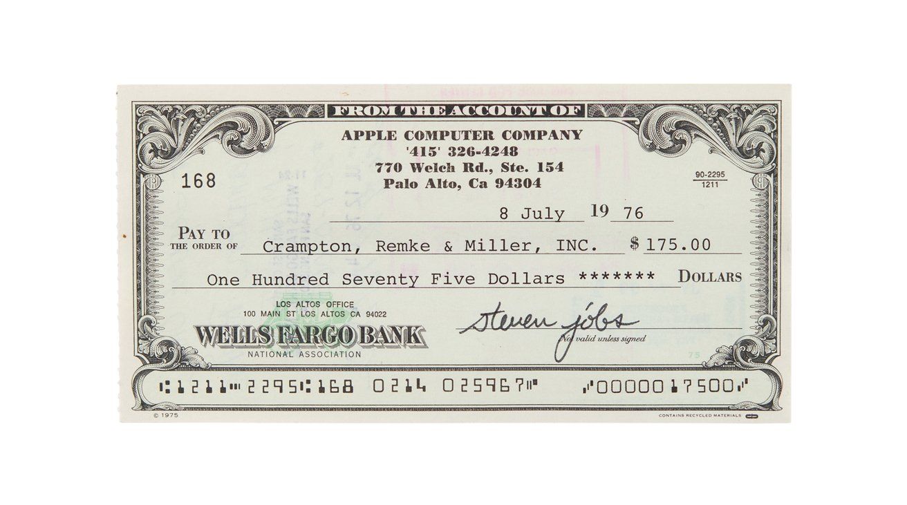 Подписанный Стивом Джобсом чек в 1976 году выставили на аукцион