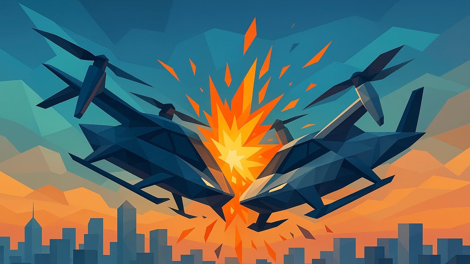 В Китае столкнулись два летающих автомобиля, один из них загорелся